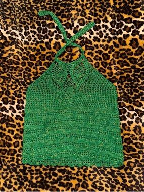 Handmade Green Crochet Halter Tank Top - Women Tops